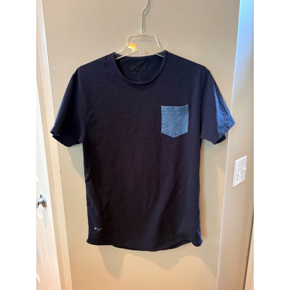 BYLT Drop Cut Lux Short Sleeve Shirt Mens Medium Navy Blue Contrast Pocket Tee